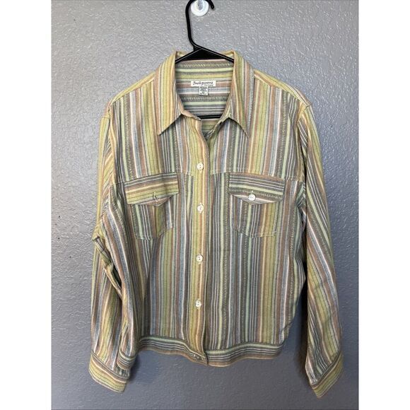 Indigenous One Weave Organic‎ Cotton Striped Jacket XL Yellow Gray Button Front - Picture 1 of 7